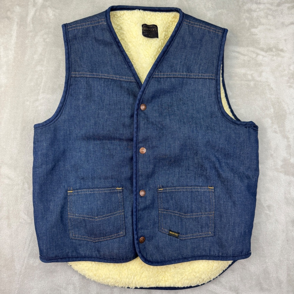 Vintage 70s Sears Roebucks Denim Vest Mens‎ M/L Blue Sherpa Lined Union Western